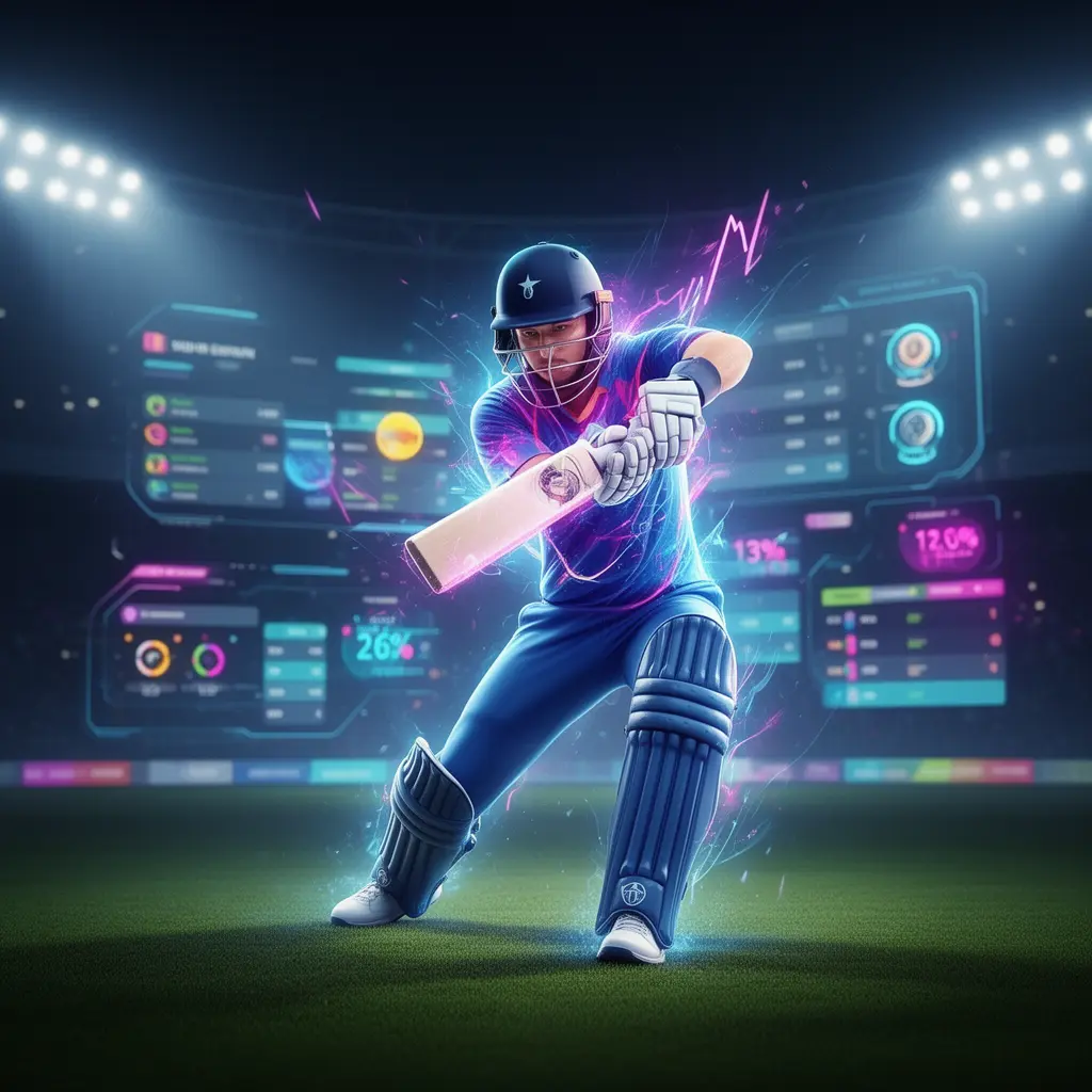 Futuristic neon cricket player in motion representing advanced sports betting on 995BDT in Bangladesh