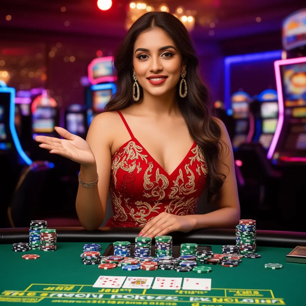 Elegant casino dealer standing by a live table with stacked chips and a glowing backdrop representing the premium gaming environment of 995BDT for Bangladeshi players