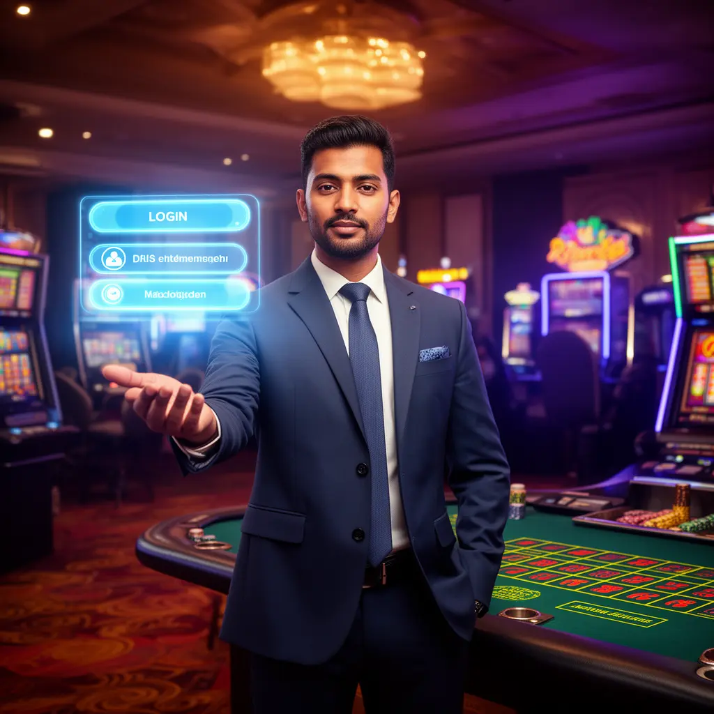 Stylish Bangladeshi casino host standing confidently in a vibrant gaming hall pointing toward a glowing holographic login button at 995BDT