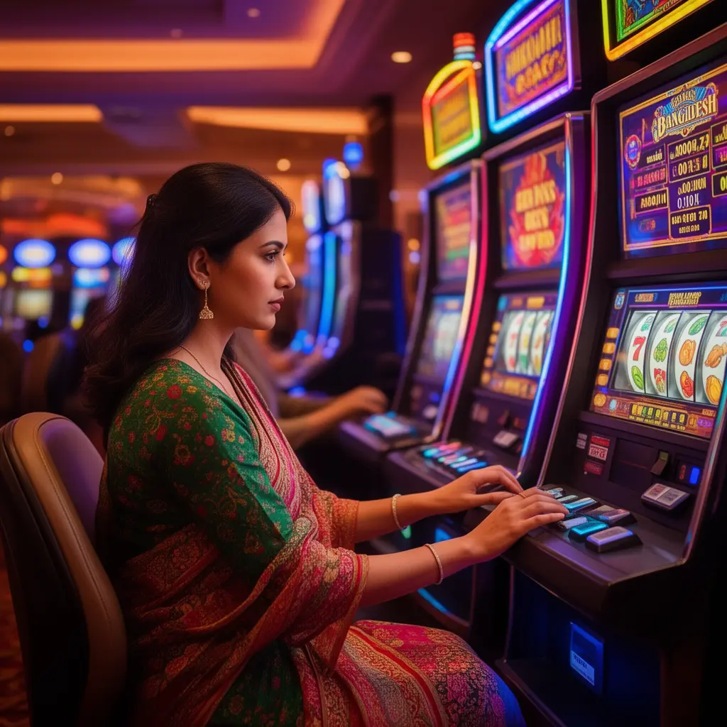 Stylish Bangladeshi woman enjoying modern slot machines in a vibrant casino setting with colorful lights and an immersive gaming atmosphere at 995BDT